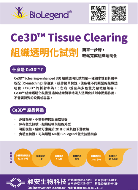 Ce3D™ (clearing-enhanced 3D)組織透明化試劑 - 3D 組織染色