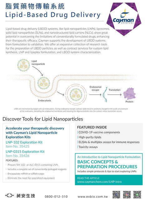 Cayman Lipid-based drug delivery system 脂質藥物傳輸系統 - LBDD LNP SLN
